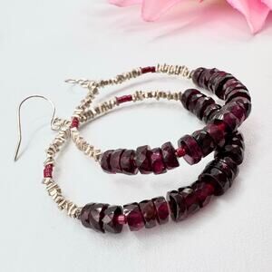 Beaded Garnet & Silver Chip Bead Hoop Dangle Earrings Tested Elegant Gemstone